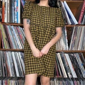 Checked Puff-Sleeve Mini Dress in Mustard Black